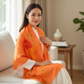 Khăn gai dài màu cam đậm vẽ tay hình tùng hạc 70*190cm